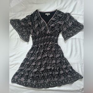Max Studio Black Floral V-Neck Dress with Pink Trim